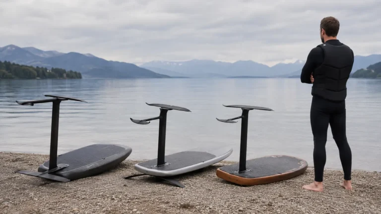 Drei eFoils von Fliteboard, Aerofoils und Lift nebeneinander auf dem Wasser im Marken-Vergleich