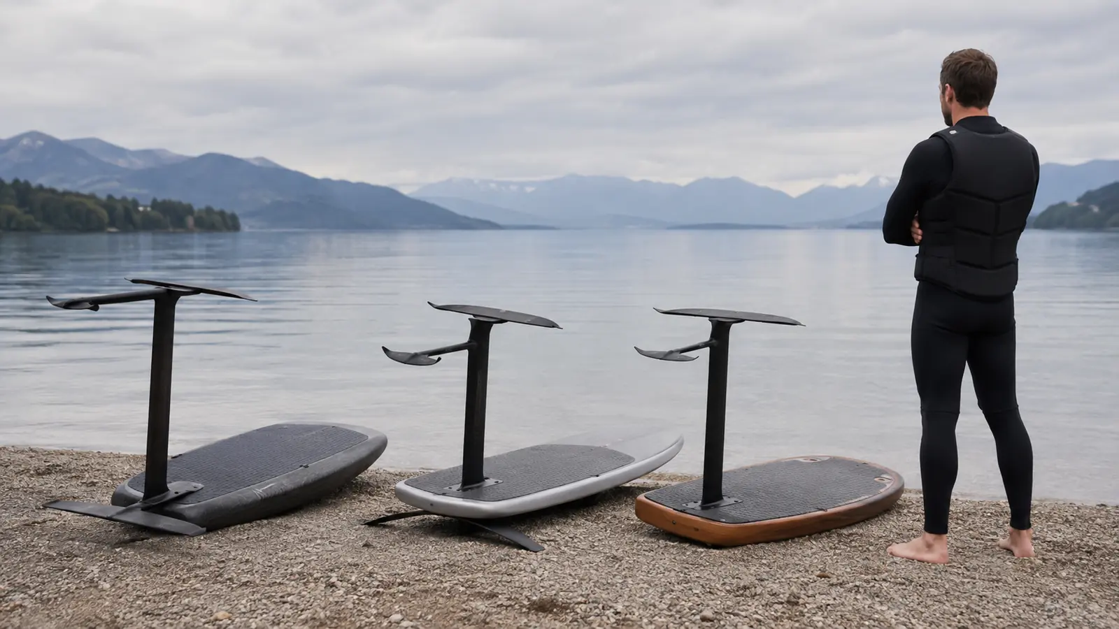 Drei eFoils von Fliteboard, Aerofoils und Lift nebeneinander auf dem Wasser im Marken-Vergleich