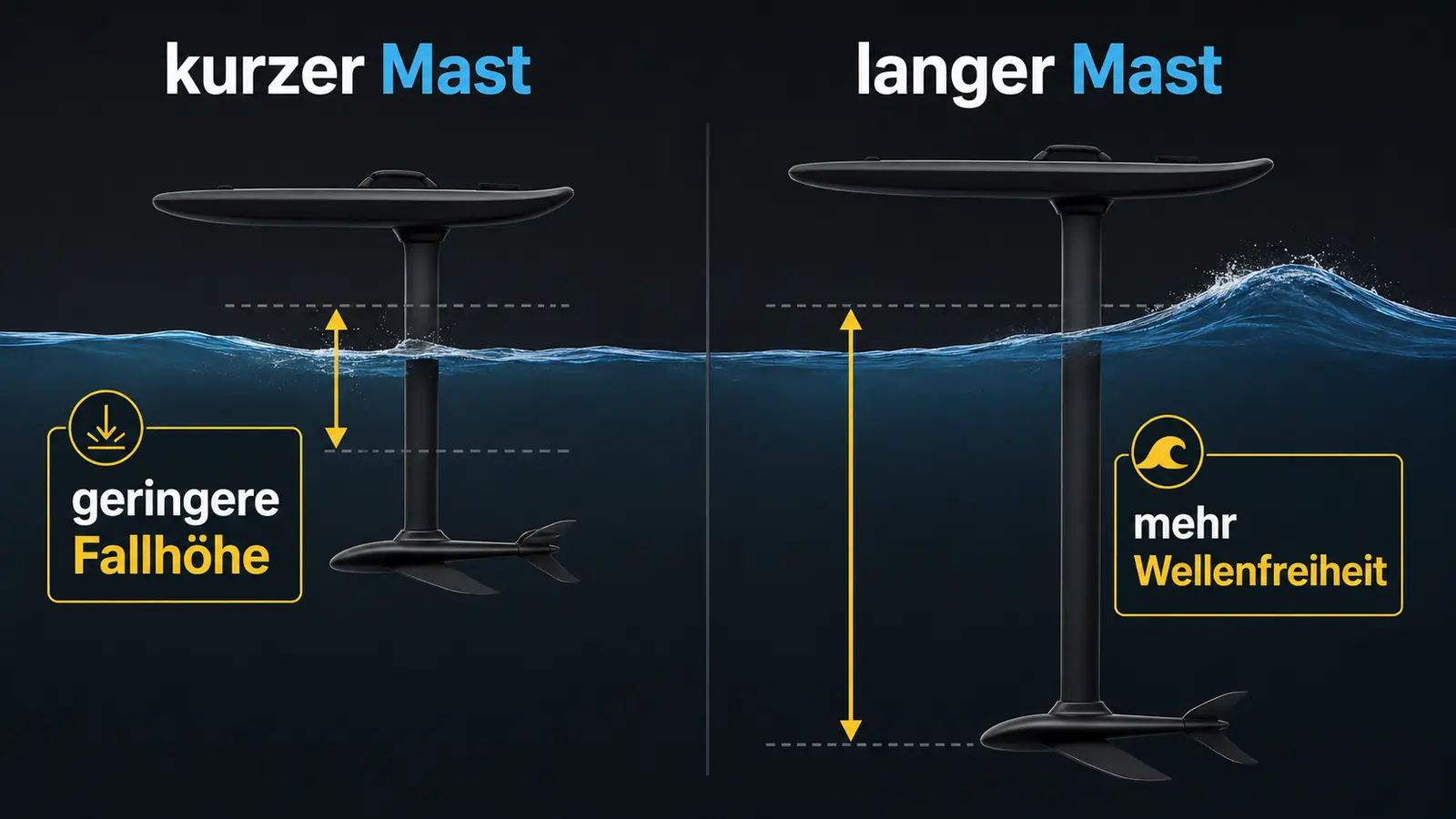 Vergleich kurzer und langer eFoil-Mast mit Wirkung auf Fallhöhe und Wellenfreiheit
