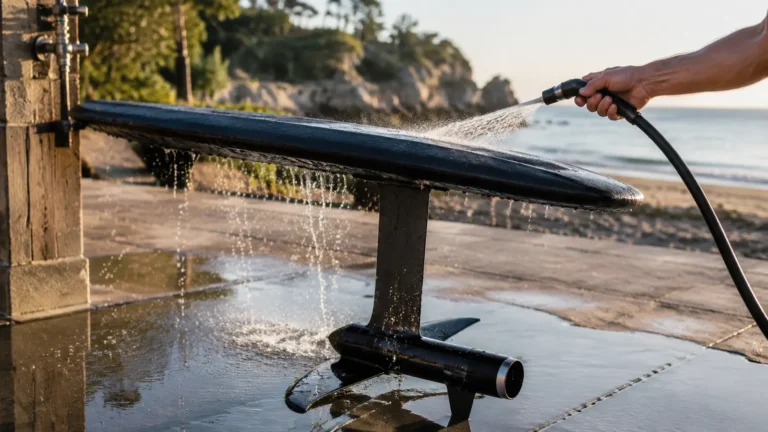 eFoil wird nach der Fahrt am Strand mit Süßwasser aus dem Schlauch abgespült