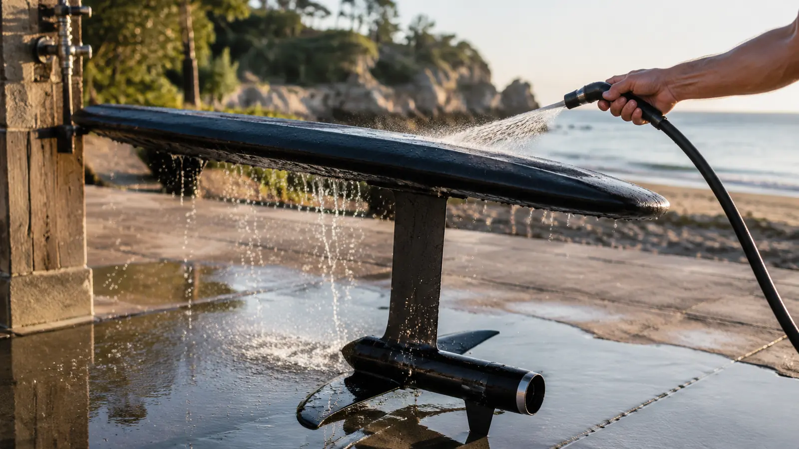 eFoil wird nach der Fahrt am Strand mit Süßwasser aus dem Schlauch abgespült