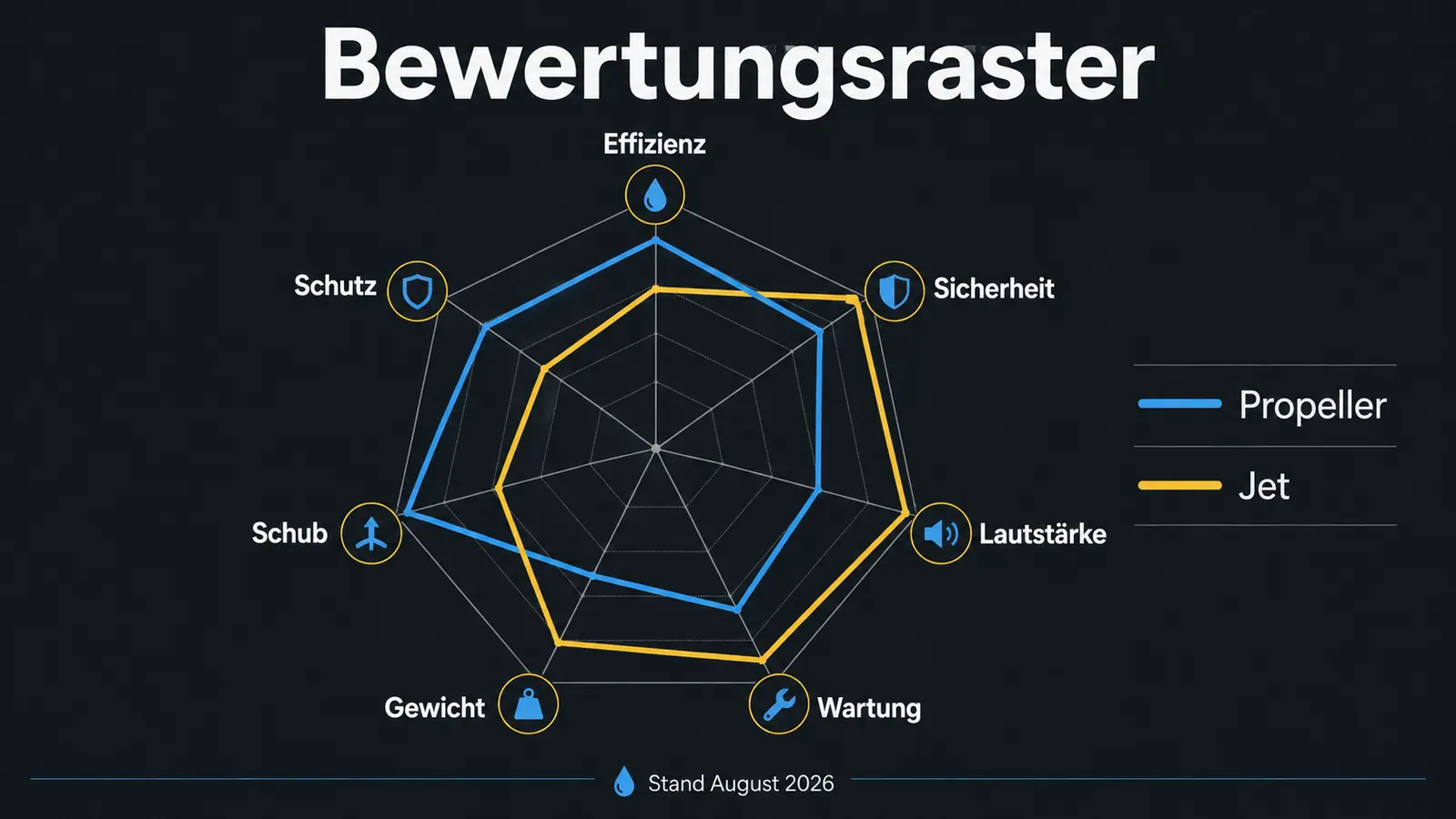 Bewertungsraster mit sieben Achsen für Propeller und Jet, Stand August 2026