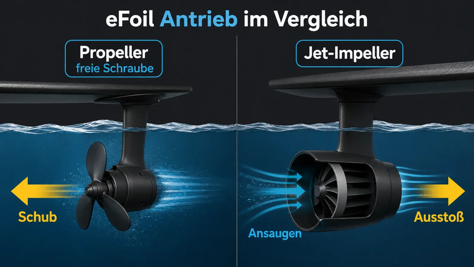 Schnittgrafik offener Propeller gegen gekapselten Jet-Impeller am eFoil-Mast