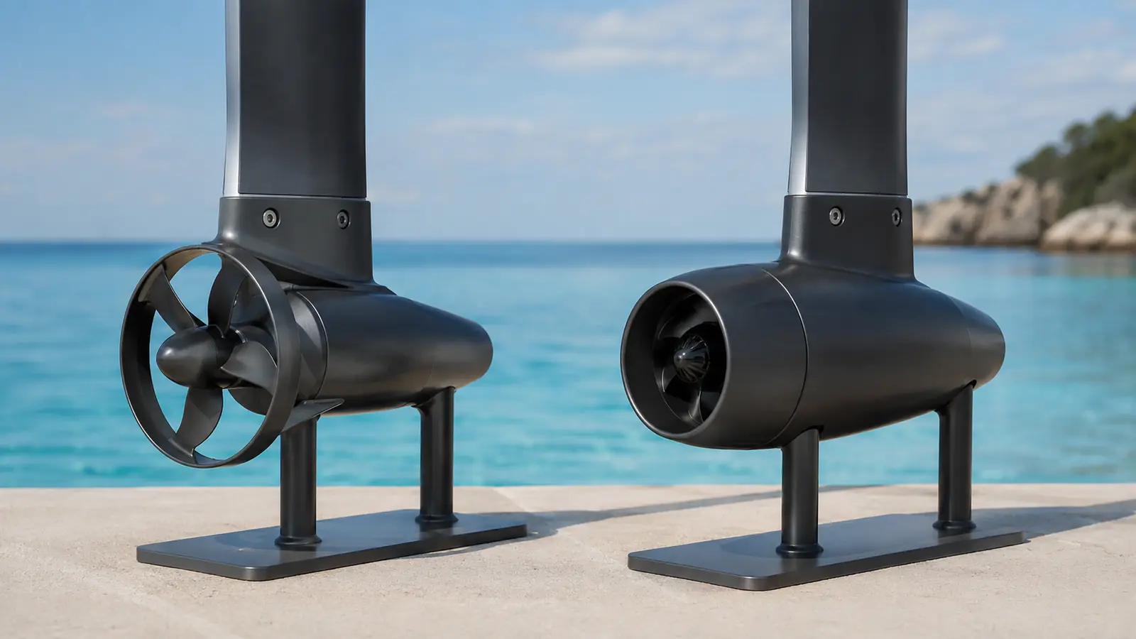 eFoil-Antrieb im Vergleich, links offener Propeller mit Schutzring, rechts gekapselter Jet-Impeller