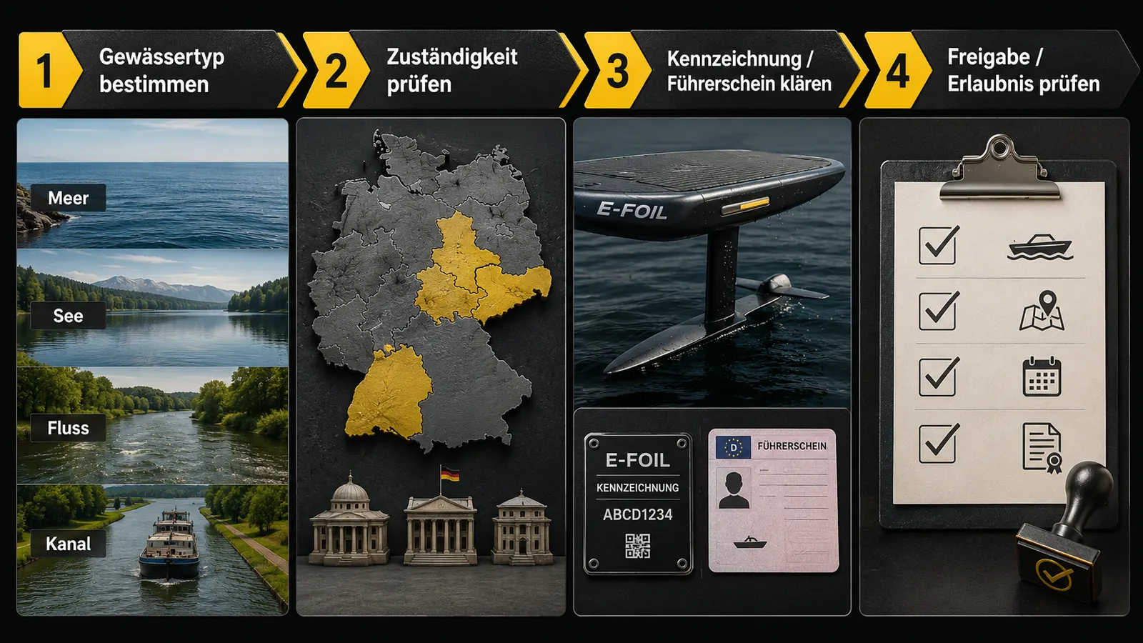 Ablaufgrafik der vierstufigen Gewässer-Prüfung vor der ersten eFoil-Fahrt