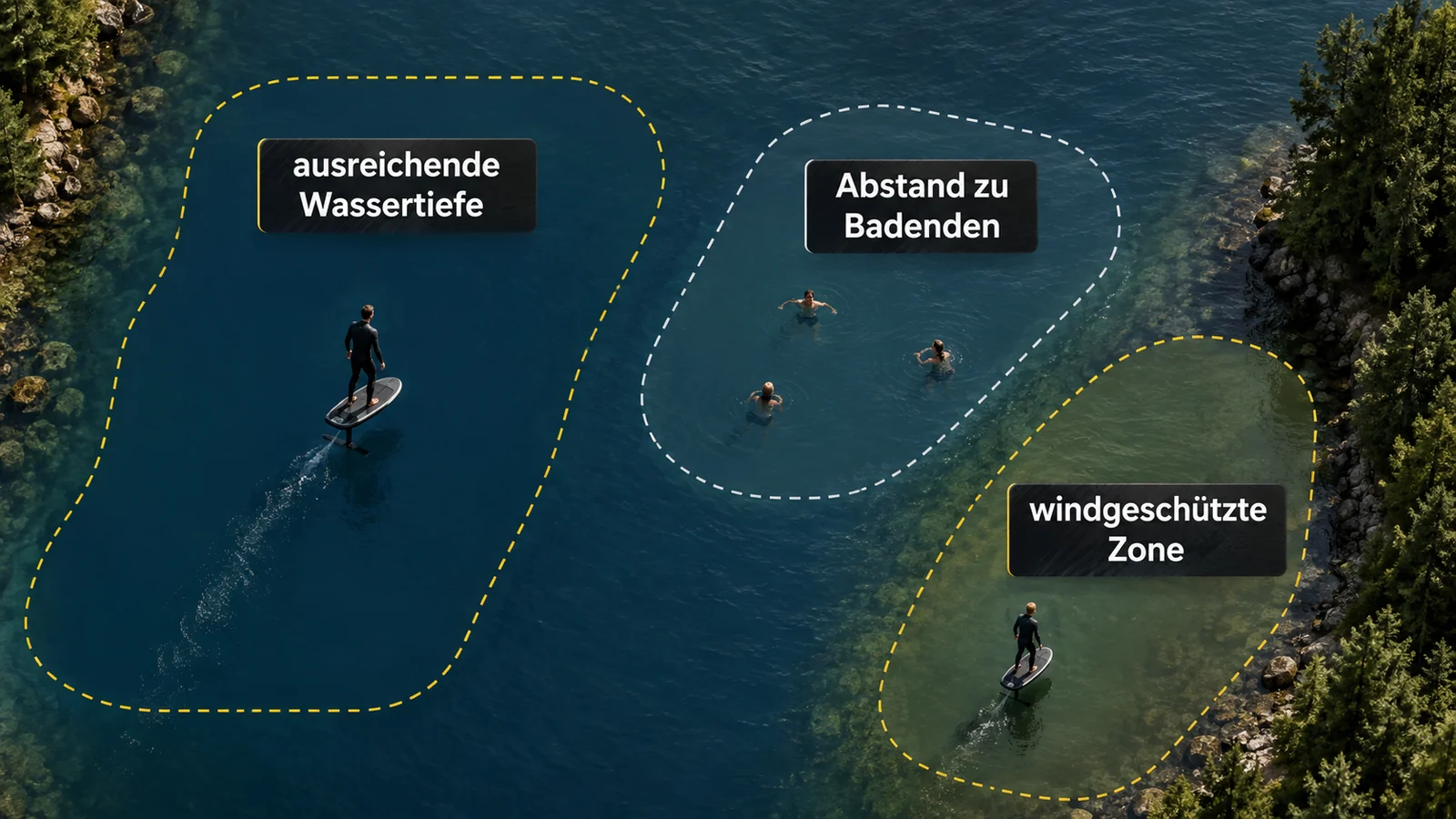 Sichere eFoil-Revierwahl: Wassertiefe, Abstand zu Badenden, Windverhältnisse