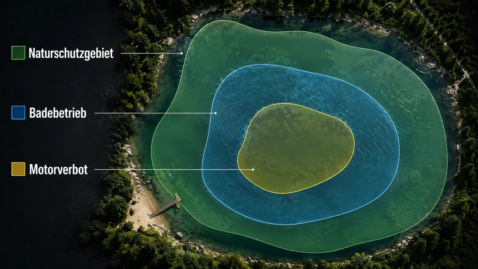 Grafik zu Naturschutz, Badebetrieb und Motorverbot als überlagerte Sperrgründe an einem See
