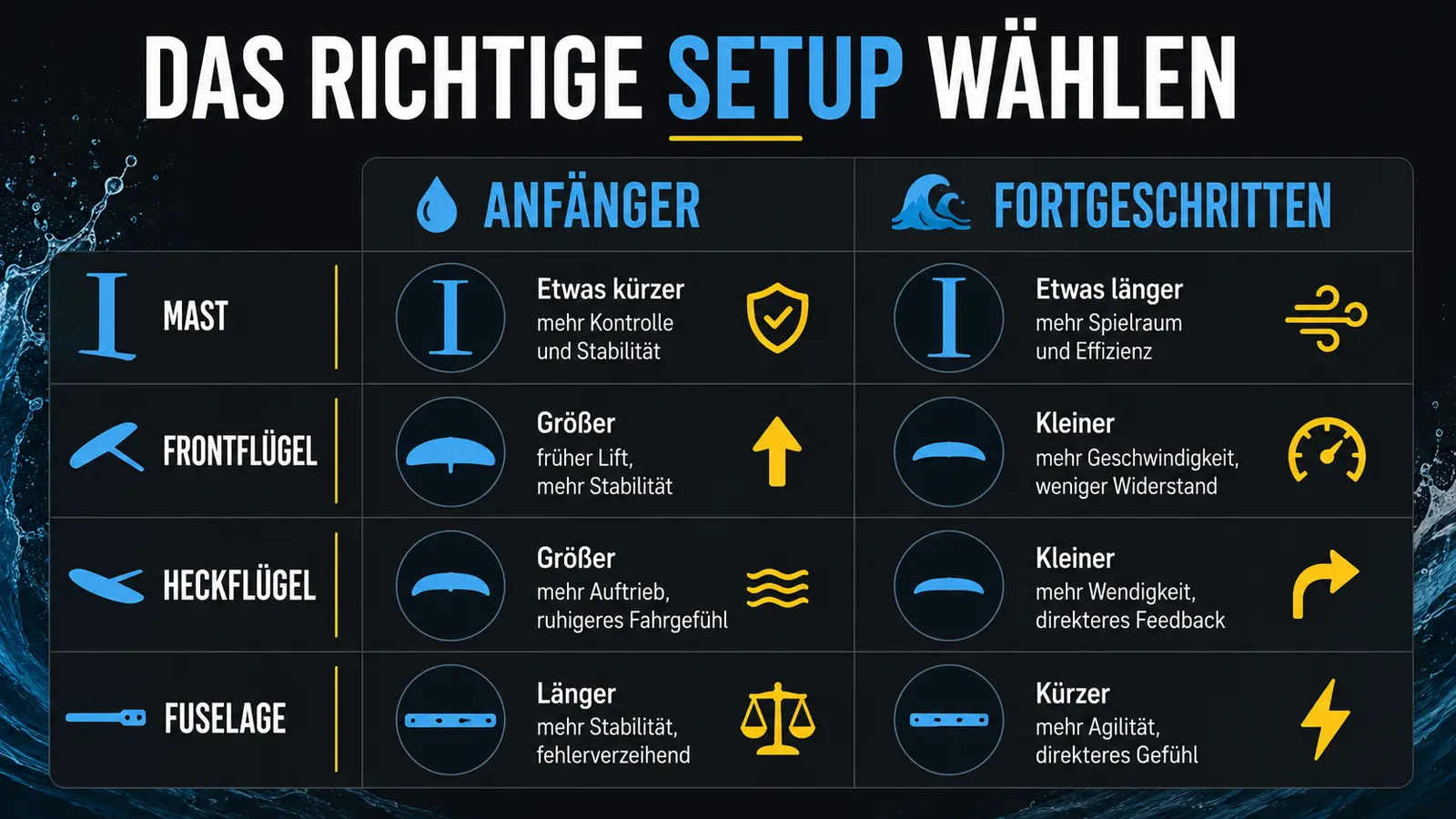 Übersichtsgrafik Setup-Wahl Anfänger gegen Fortgeschritten je Komponente