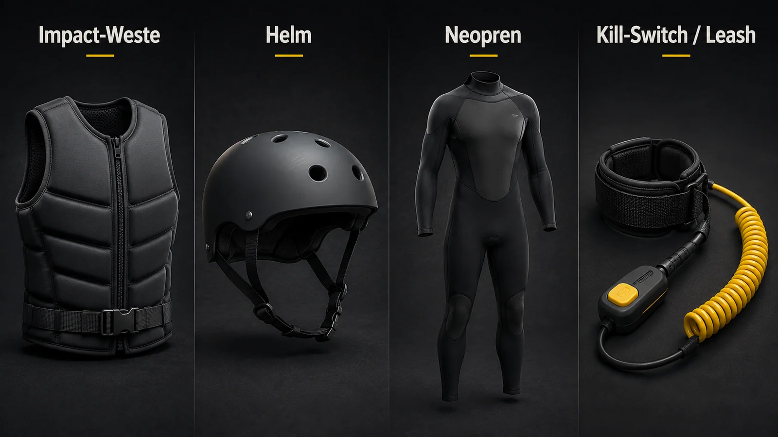 Übersicht eFoil-Sicherheitsausrüstung: Impact-Weste, Helm, Neopren, Kill-Switch