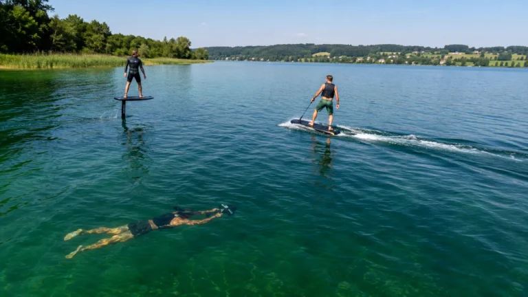 eFoil, Jetboard und Tauchscooter auf einem See im Vergleich, elektrischer Wassersport 2026