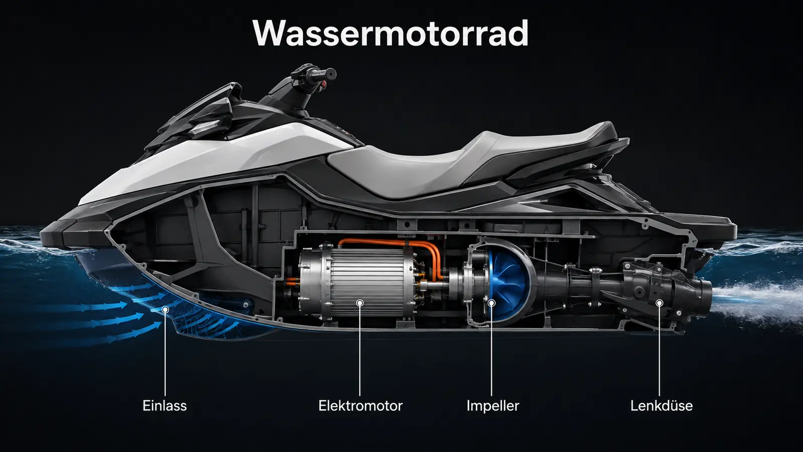 Schema Wasserstrahlantrieb eines Elektro-Jetski als Wassermotorrad
