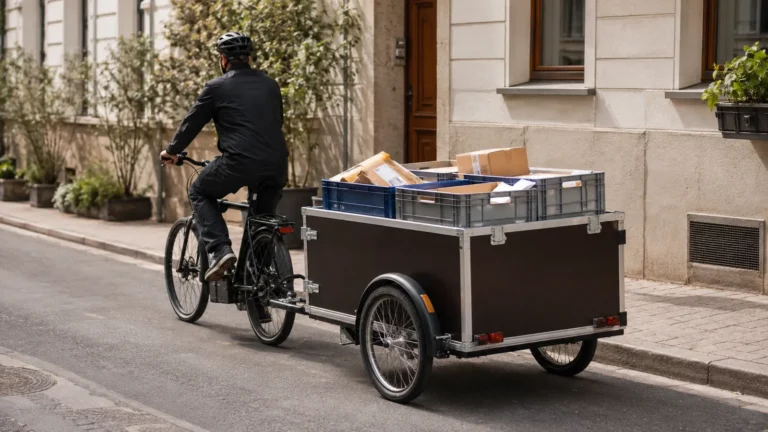 Elektrischer Lastenanhänger hinter einem E-Bike im Stadtverkehr, beladen