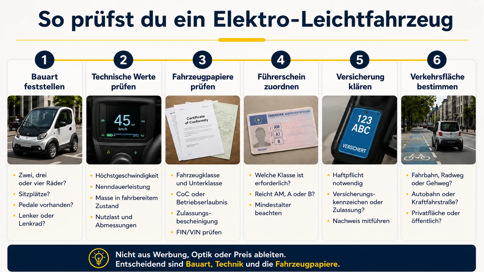 Sechs Prüfschritte für ein Elektro-Leichtfahrzeug: Bauart, technische Werte, Fahrzeugpapiere, Führerschein, Versicherung, Verkehrsfläche. KI-generierte Grafik · redaktionell geprüft.
