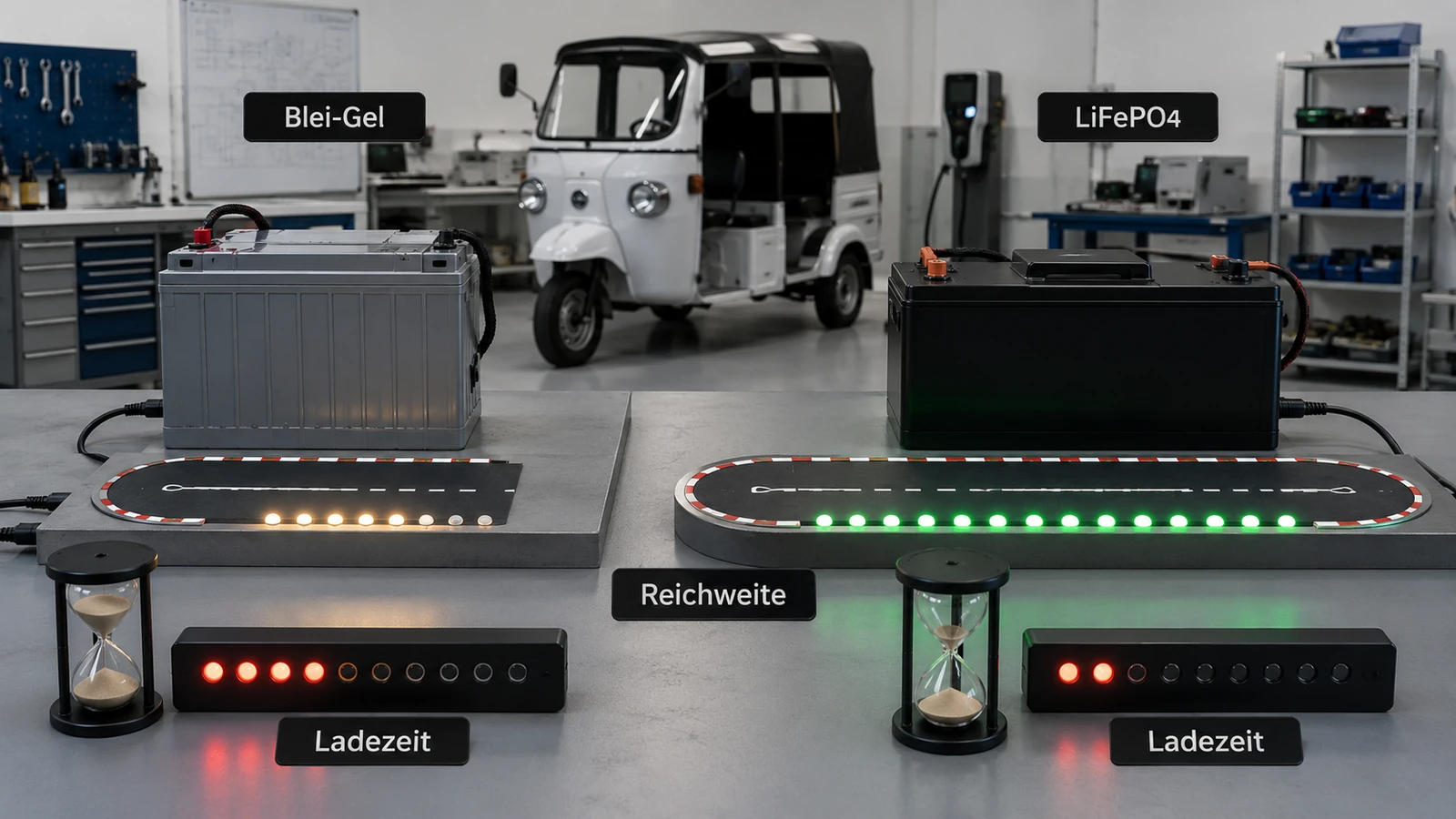 Blei-Gel gegenüber LiFePO4 beim Elektro-Tuktuk nach Reichweite und Ladezeit