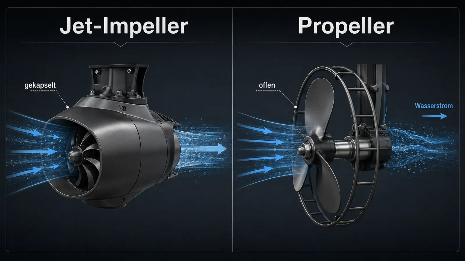 Vergleich Jet-Impeller-Antrieb gegen Propeller-Antrieb am Wasserfahrzeug