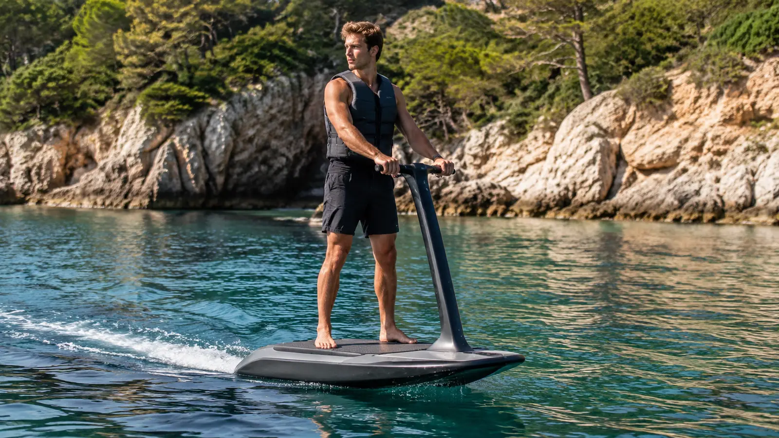 Leichtes elektrisches Wasserfahrzeug mit Jet-Antrieb gleitet nah am Ufer, Fahrer im Stehen