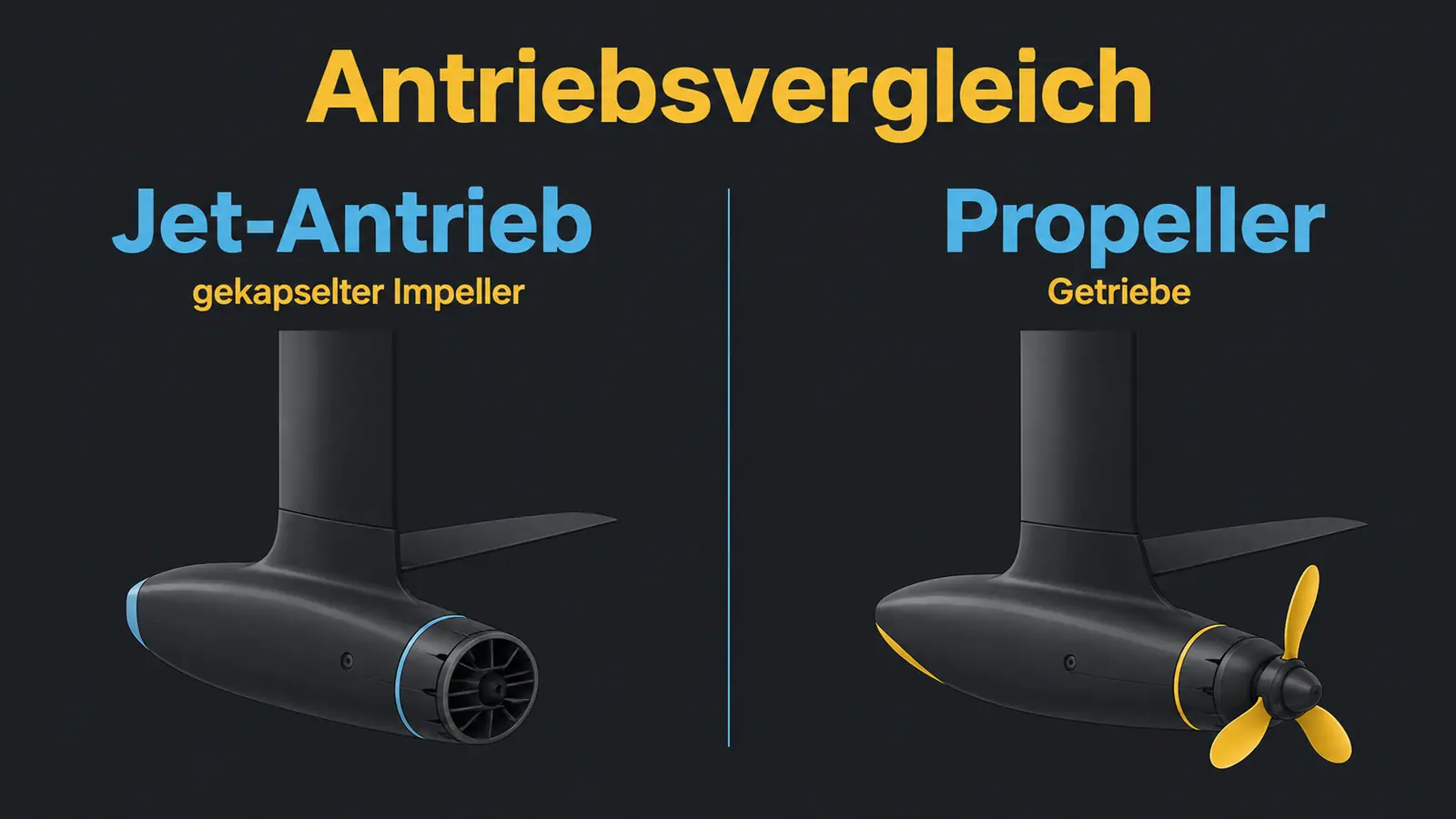 Schemagrafik Jet-Antrieb mit gekapseltem Impeller gegen Propeller mit Getriebe