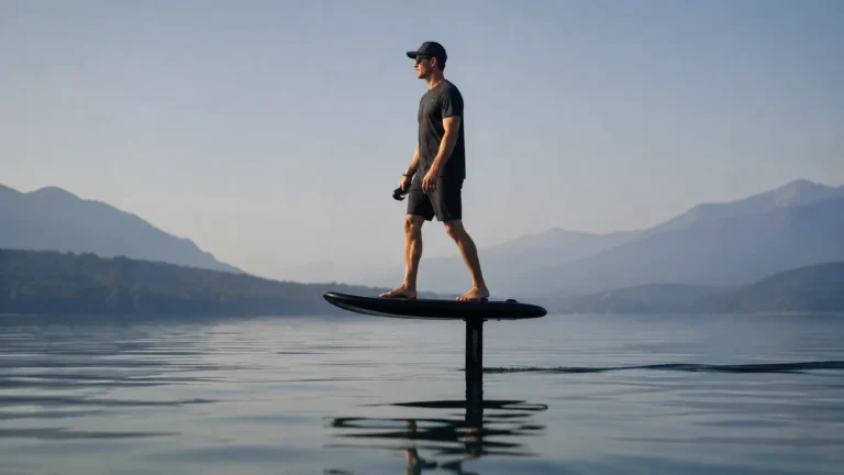 Elektrisches Foilboard gleitet auf einem Tragflügel über ruhigem Wasser
