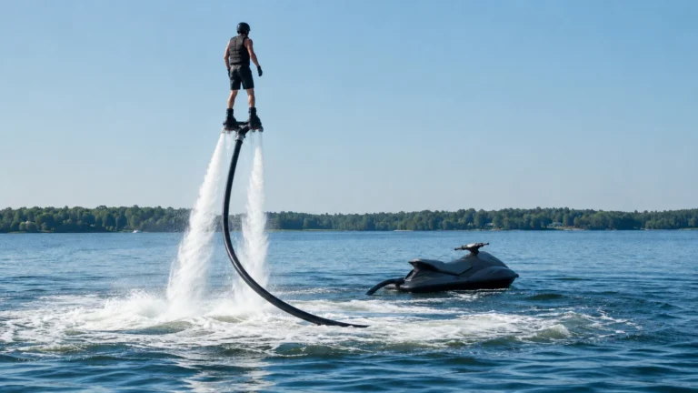 Flyboard-Fahrer schwebt auf Wasserstrahl über dem See, Schlauch führt zum Jetski