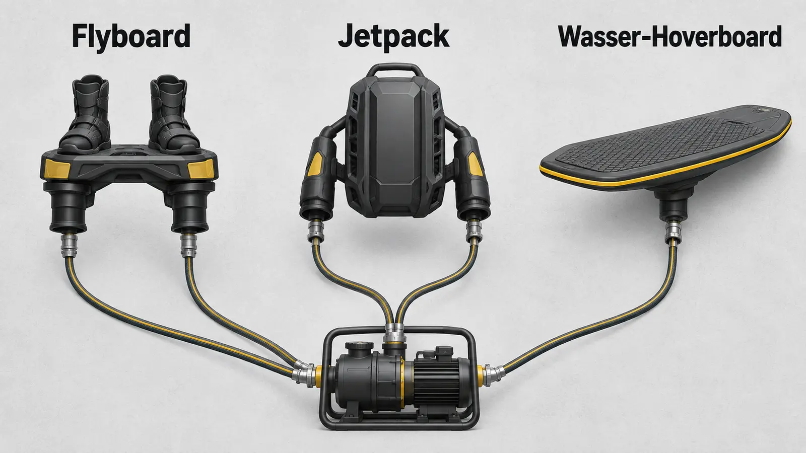 Vergleichsgrafik Flyboard, Jetpack und Wasser-Hoverboard mit gemeinsamer Jetski-Pumpe