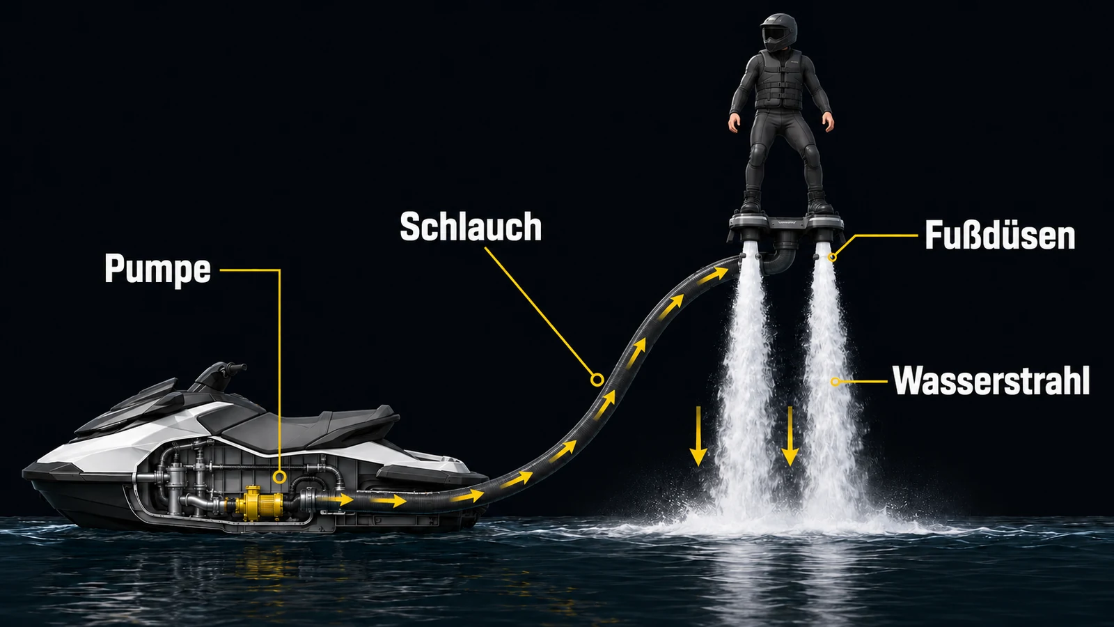 Schnittgrafik Hydroflight: Jetski-Pumpe, Schlauch und Fußdüsen mit Wasserstrahl nach unten