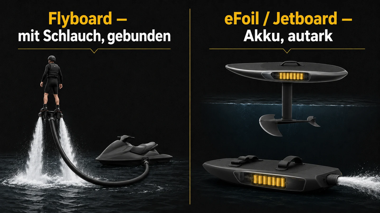 Gegenüberstellung Flyboard mit Schlauch gegen autarkes eFoil und Jetboard mit Akku