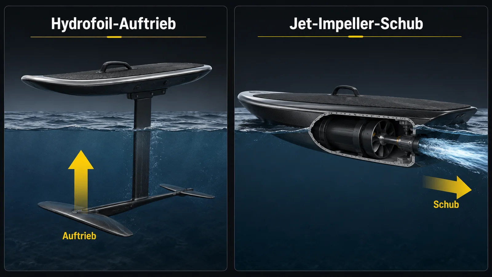 Schnittgrafik Tragflügel-Auftrieb gegen Jet-Impeller-Schub