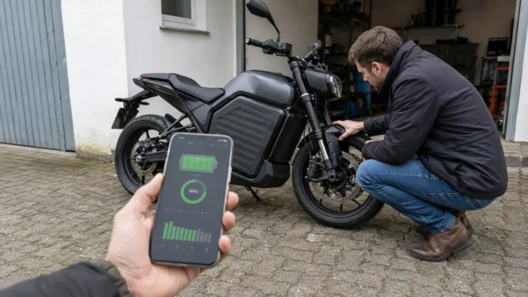 Gebrauchtes Elektromotorrad wird vor dem Kauf geprüft, App mit Akkudaten im Vordergrund