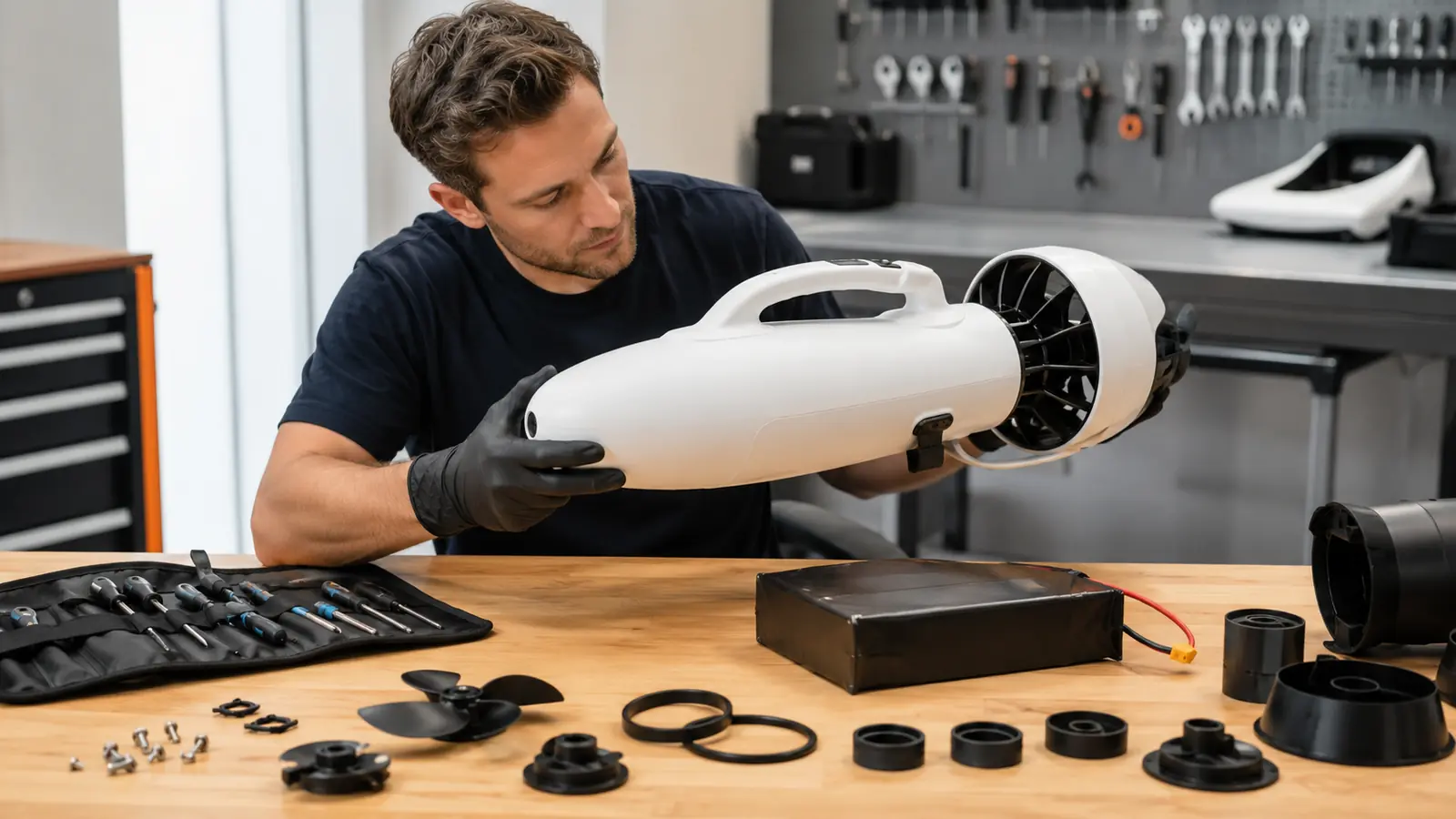 Elektrisches Jetboard und Unterwasser-Scooter am Steg, Symbol fuer Herstellerrisiko im E-Wassersport