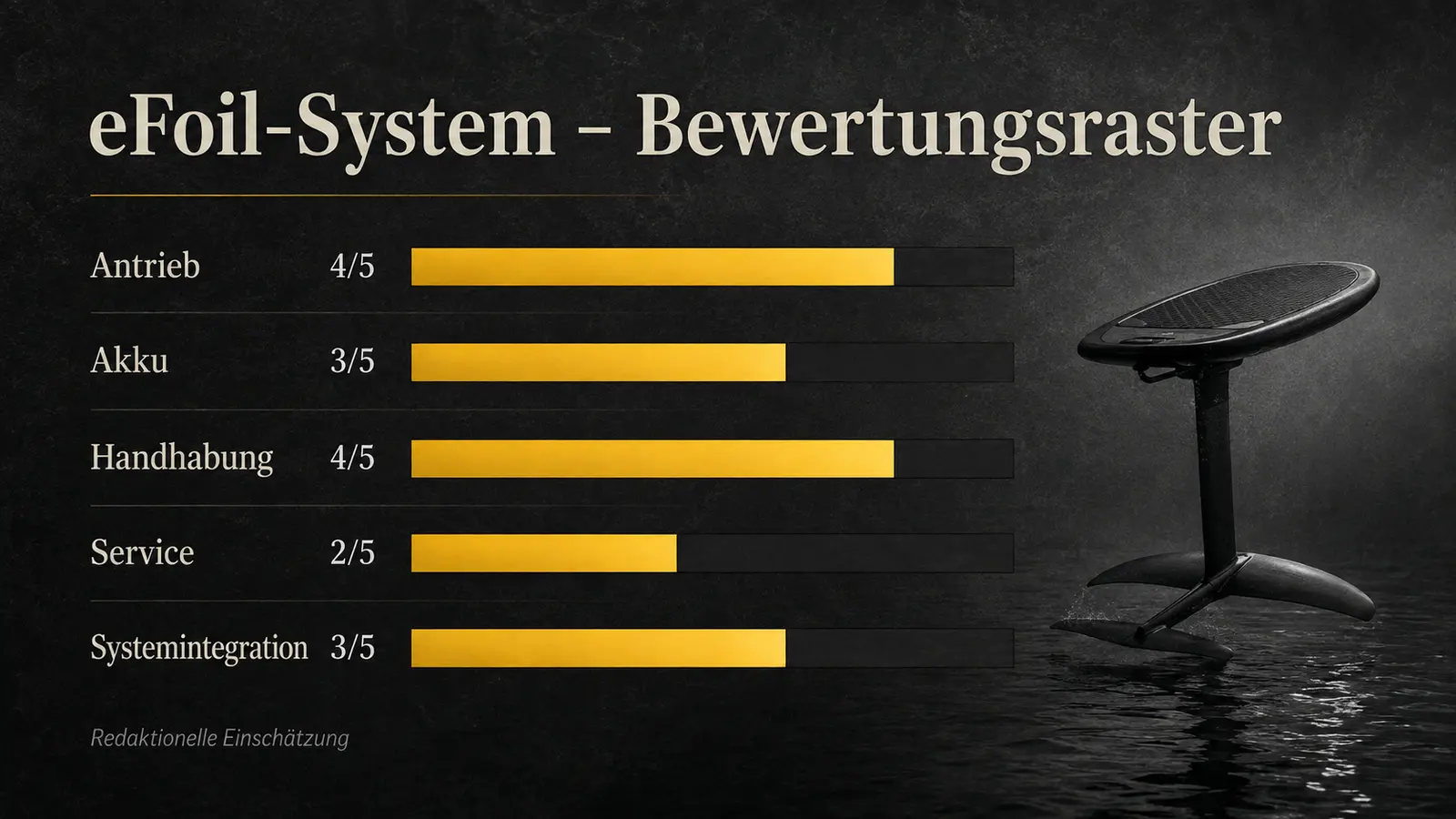 Balkengrafik des Bewertungsrasters nach Antrieb, Akku, Garantie und Service