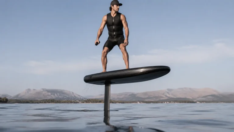 Elektrisches Carbon-Foilboard gleitet auf einem Tragflügel über ruhigem Wasser