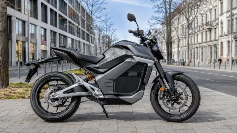 Honda WN7 Elektro-Naked in Seitenansicht auf urbaner Straße