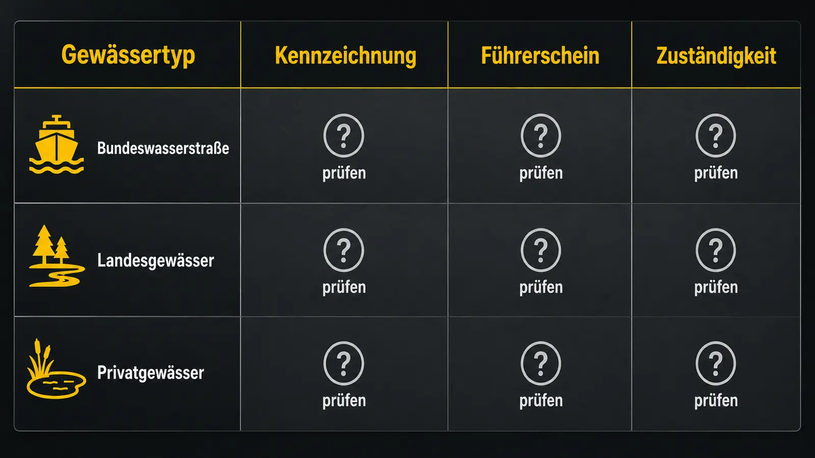 Übersichtsgrafik Gewässertyp gegen Kennzeichnung, Führerschein und Zuständigkeit fürs Jetboard