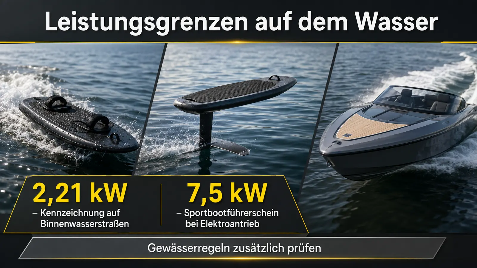 Infografik kW-Grenzen fürs Jetboard: Kennzeichnung über 2,21 kW, Führerschein ab 7,5 kW Elektro