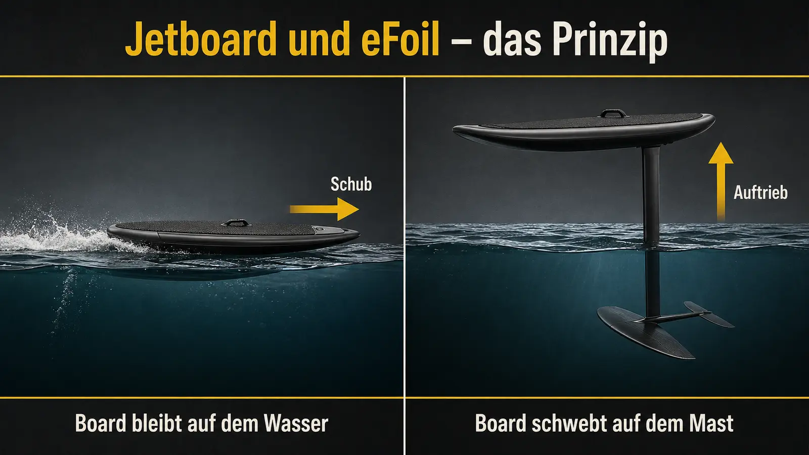 Schema Jetboard liegt auf dem Wasser gegen eFoil auf Tragflügel
