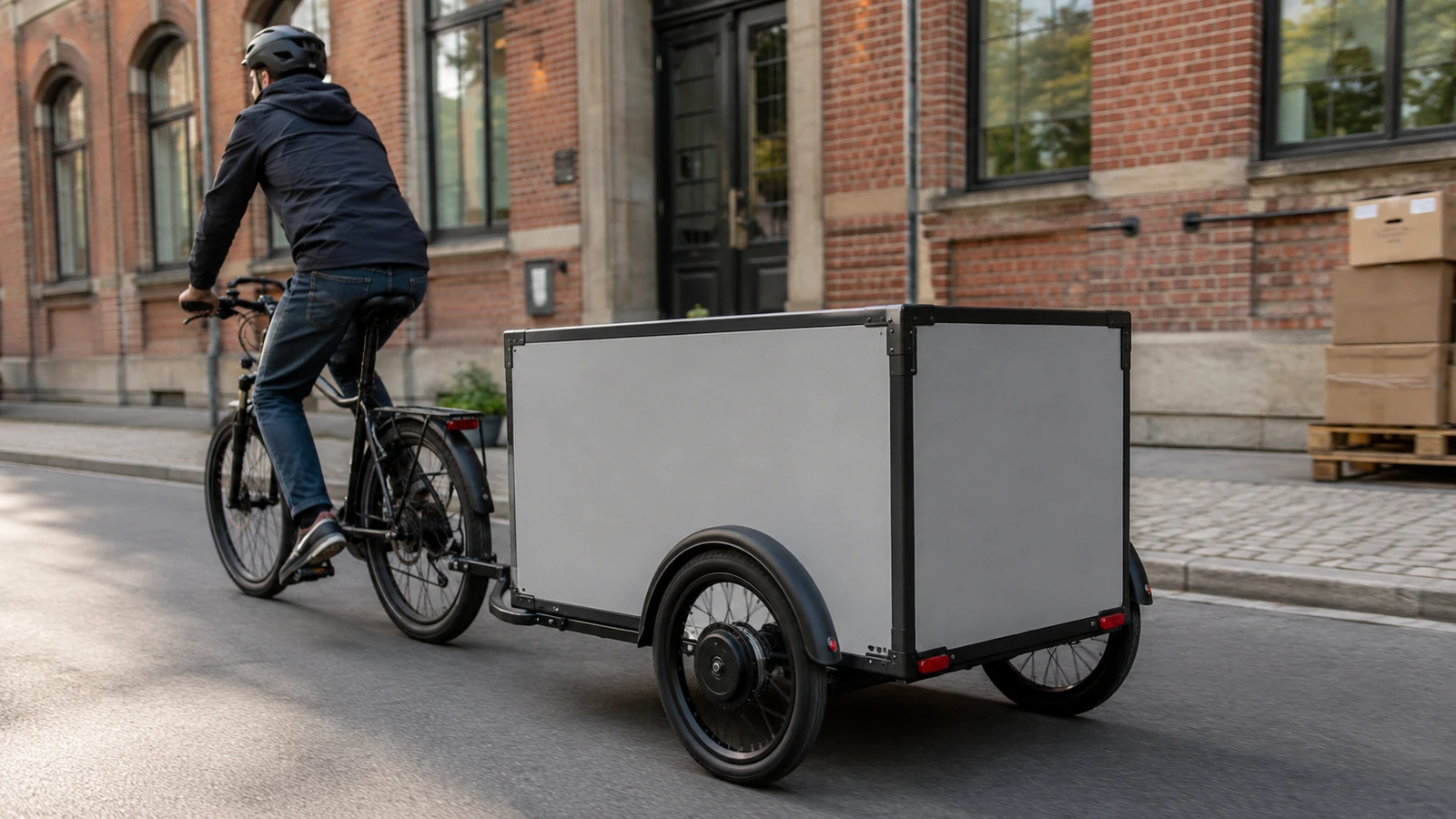Elektrisch angetriebener K-Ryole-Lastenanhänger hinter einem Fahrrad in einer Stadtstraße