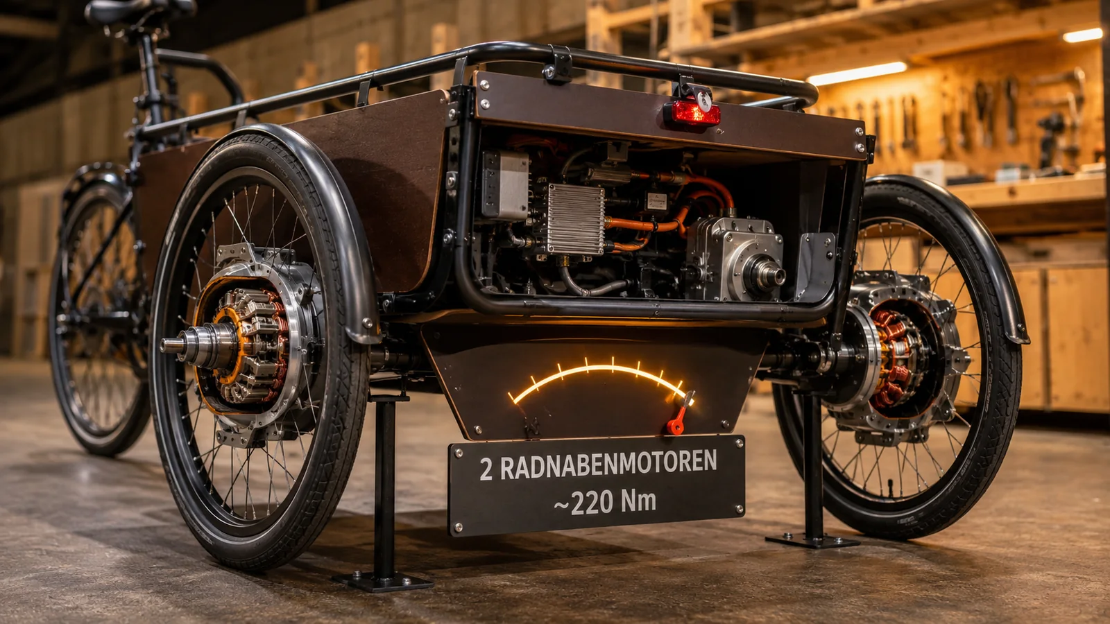 Zwei hintere Radnabenmotoren des K-Ryole mit zusammen rund 220 Nm