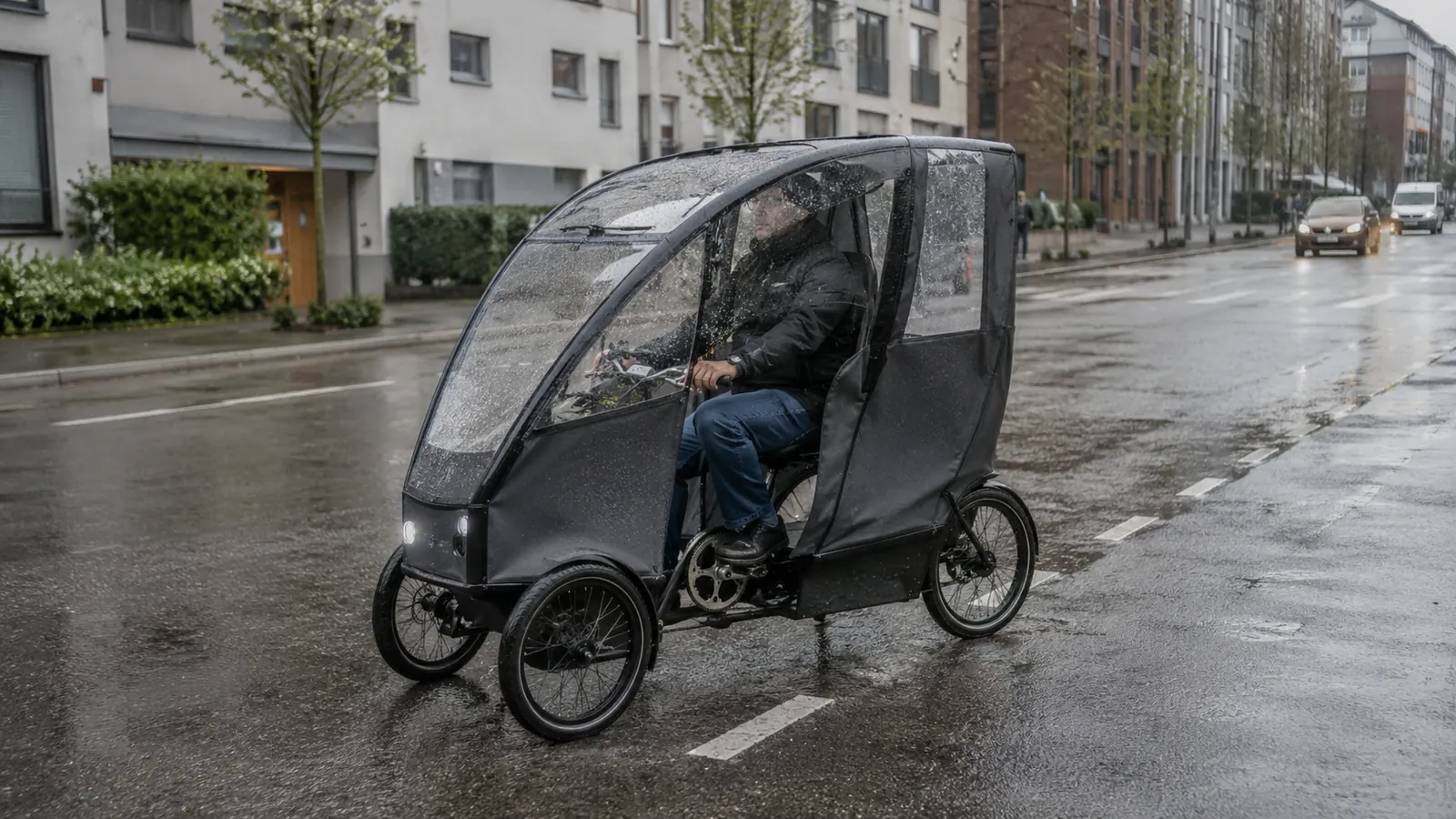 Wettergeschütztes vierrädriges Kabinen-Pedelec im Stadtverkehr bei Regen