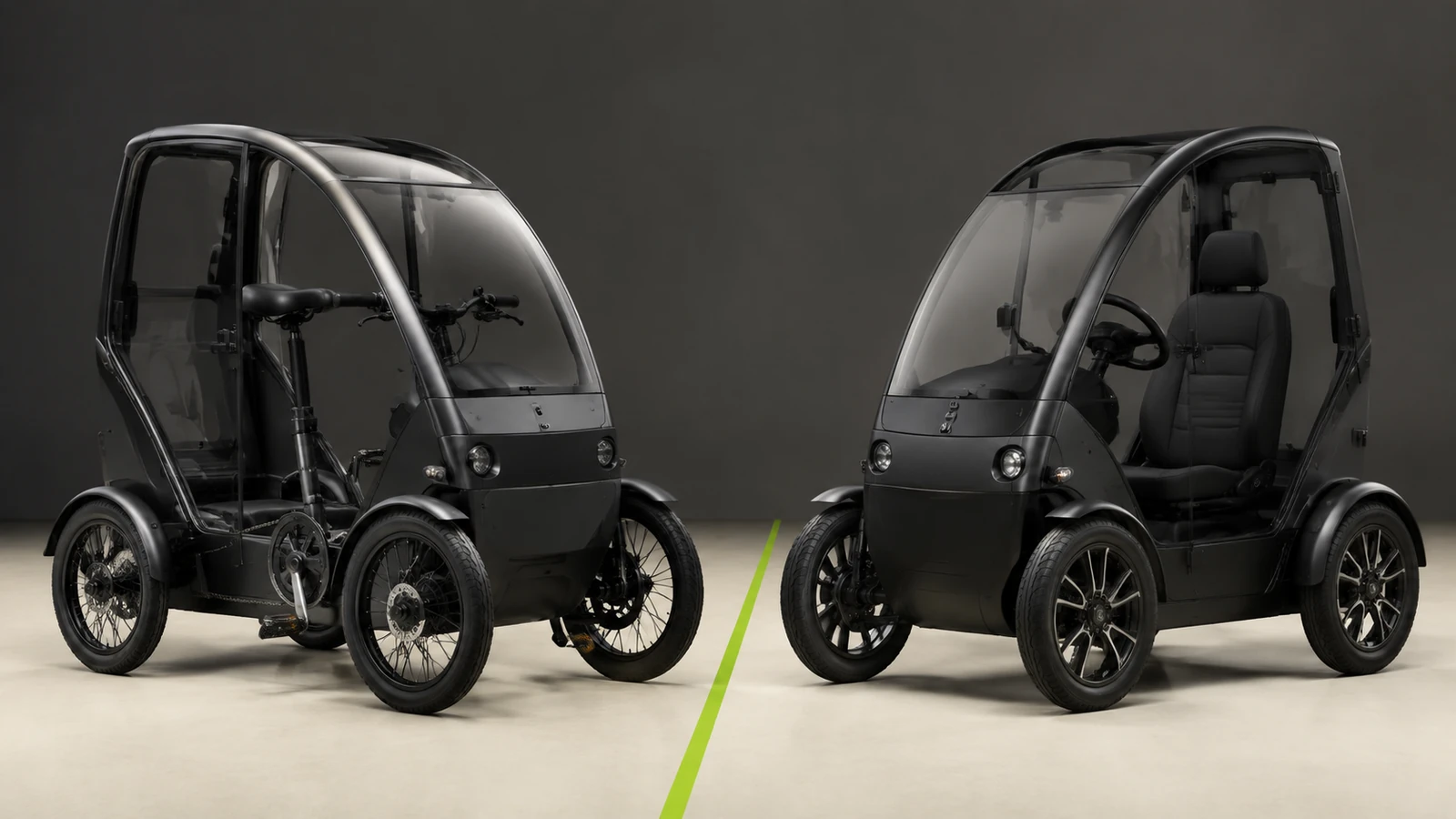 Kabinen-Pedelec mit Pedalen gegenüber motorisiertem Kabinenroller