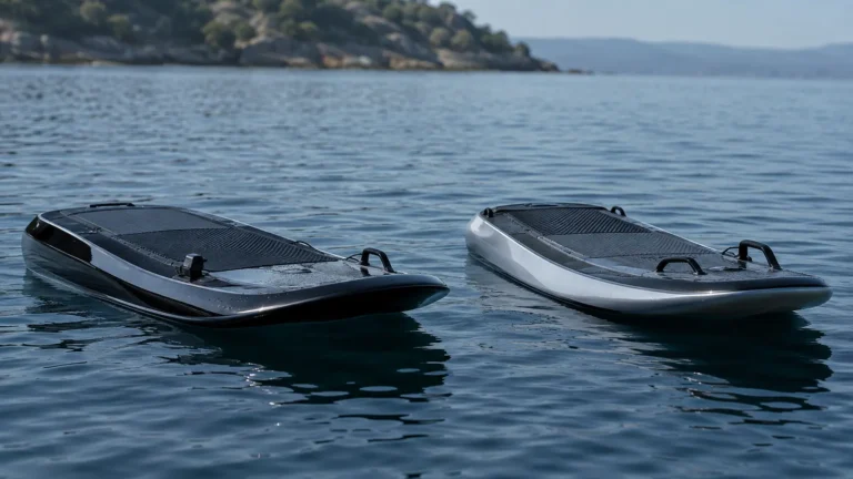 Elektrisches Jetboard von Lampuga und Radinn nebeneinander auf ruhigem Wasser im Datencheck-Vergleich