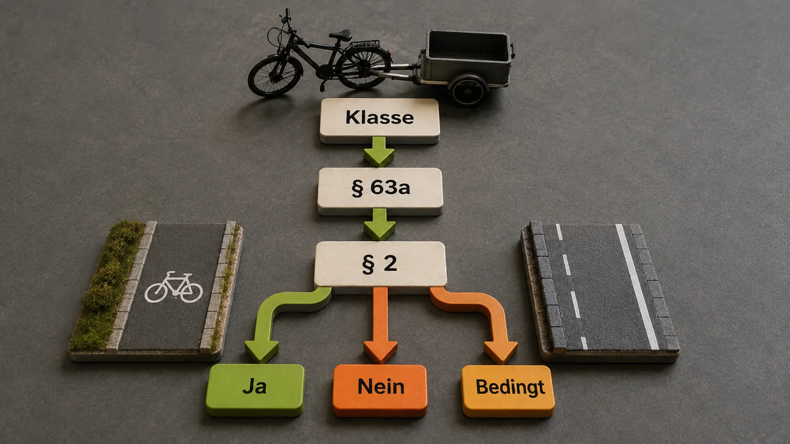Prüfschema Radweg: Fahrzeugklasse, Paragraf 63a StVZO und Paragraf 2 StVO entscheiden