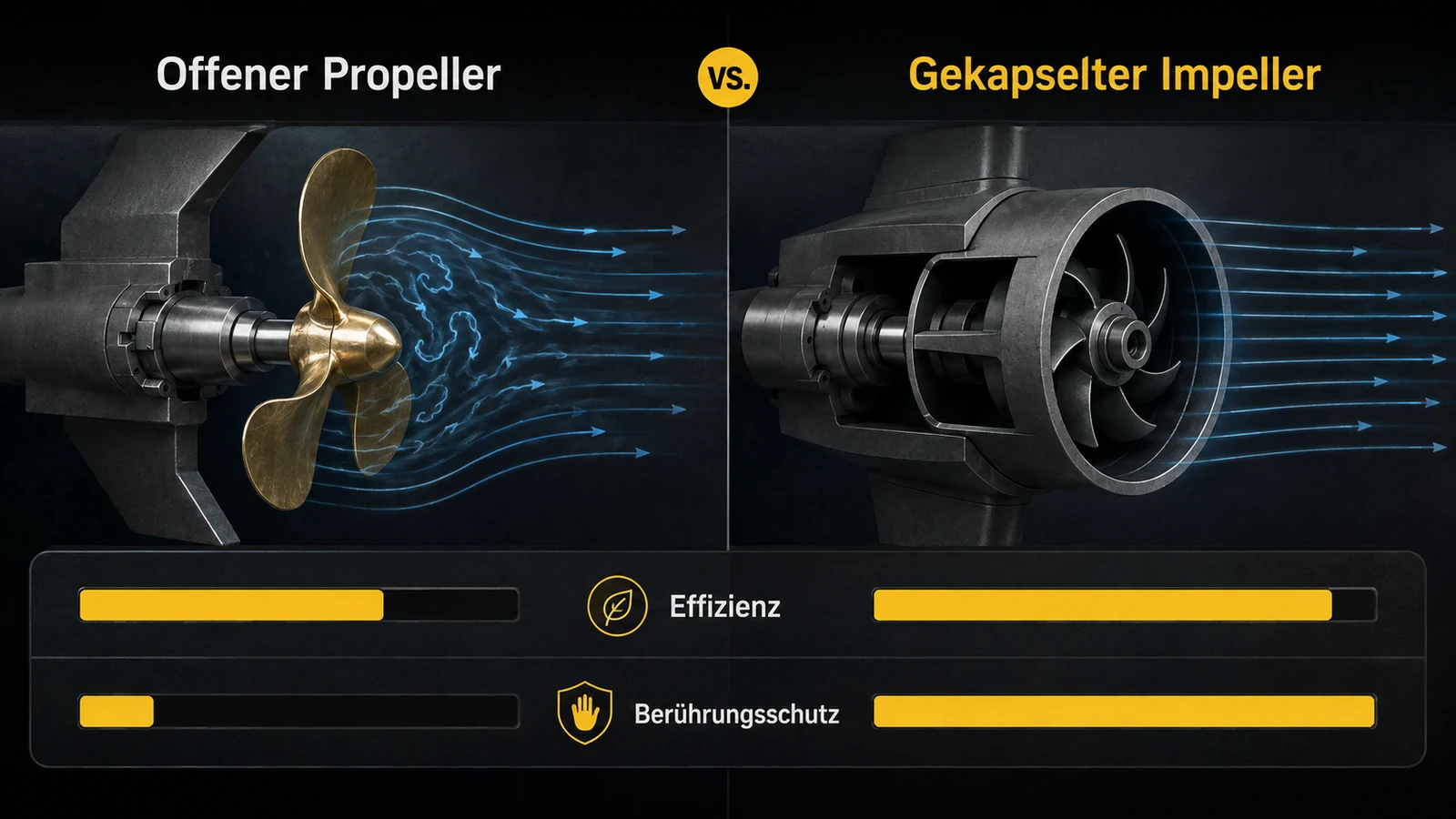 Vergleichsgrafik offener Propeller gegen gekapselten Impeller mit Wirkungsgrad-Angaben