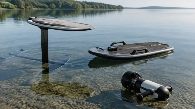 Elektro-Wassersport-Geräte im Überblick: eFoil, Jetboard und Sea-Scooter auf ruhigem Wasser als Symbolbild für ein Fachlexikon