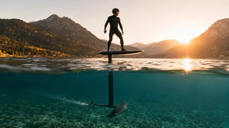 Lift eFoil LIFT5 gleitet auf einem Tragflügel über ruhiges Wasser, Fahrer steht aufrecht auf dem Carbon-Board