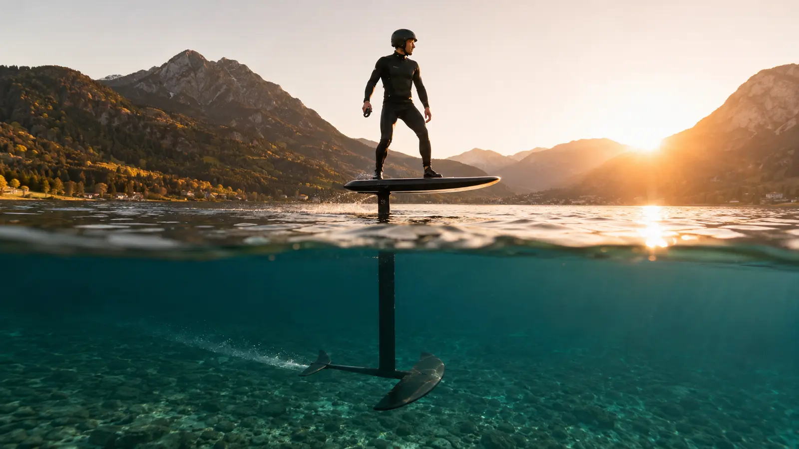 Lift eFoil LIFT5 gleitet auf einem Tragflügel über ruhiges Wasser, Fahrer steht aufrecht auf dem Carbon-Board