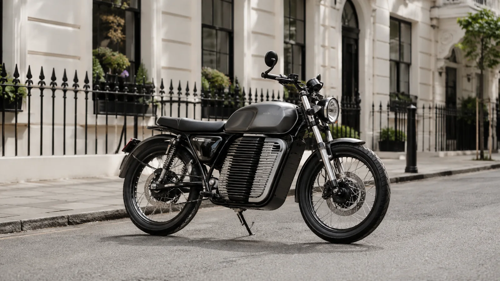 Maeving RM1S Retro-E-Motorrad im Café-Racer-Design in Seitenansicht