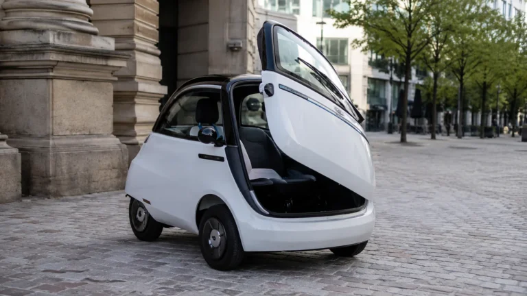 Microlino Elektro-Leichtfahrzeug mit geöffneter Fronttür im Stadtverkehr