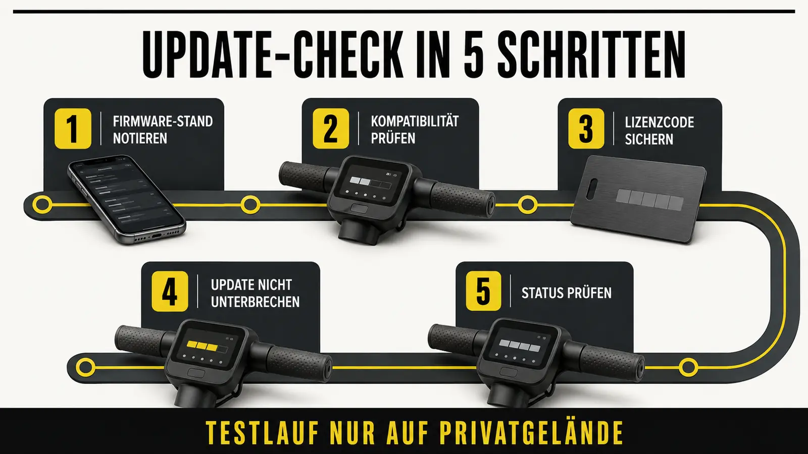 Fünf Schritte vor, während und nach einem E-Scooter-Firmware-Update. KI-generierte Grafik.