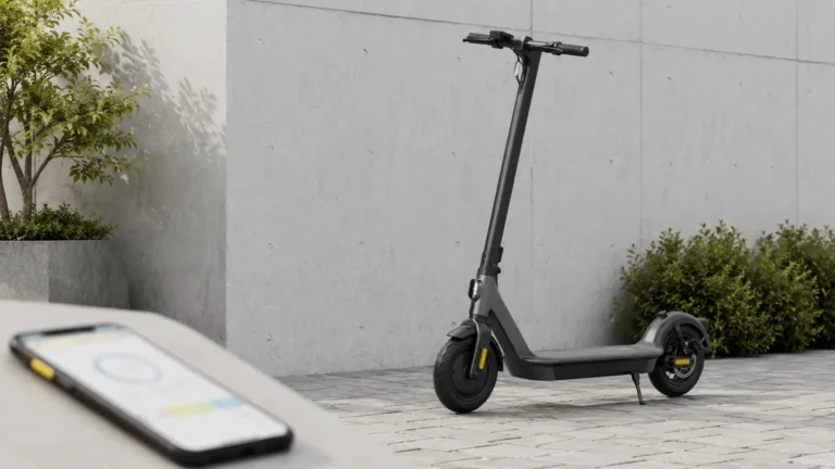 E-Scooter neben Smartphone mit geöffneter Firmware-App auf Privatgelände