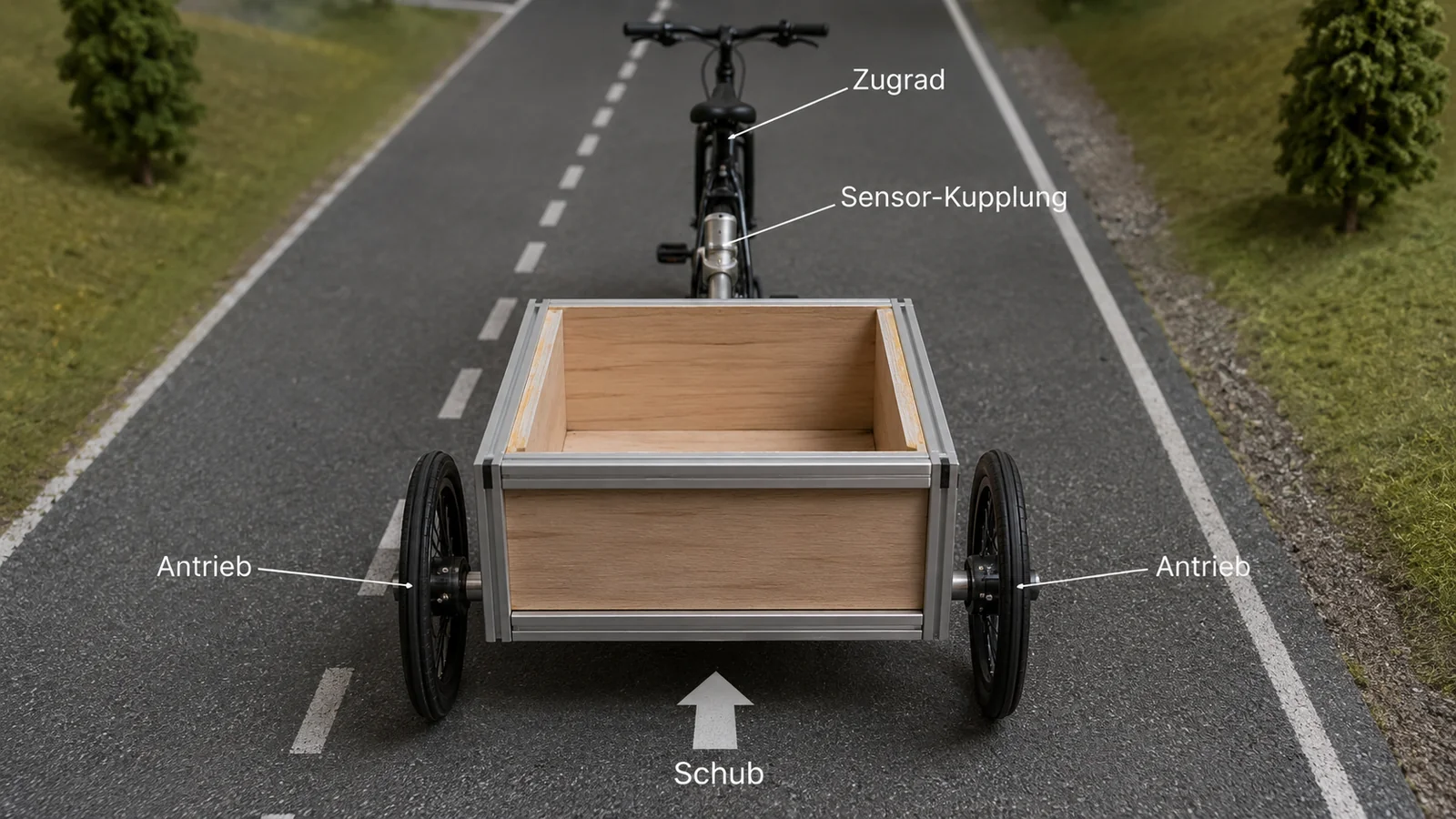 So funktioniert der angetriebene Fahrradanhänger mit eigenem 250-Watt-Antrieb